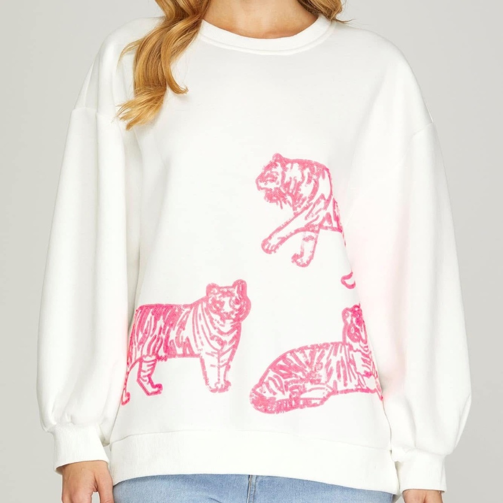 White Sweatshirt with Pink Tiger sequin